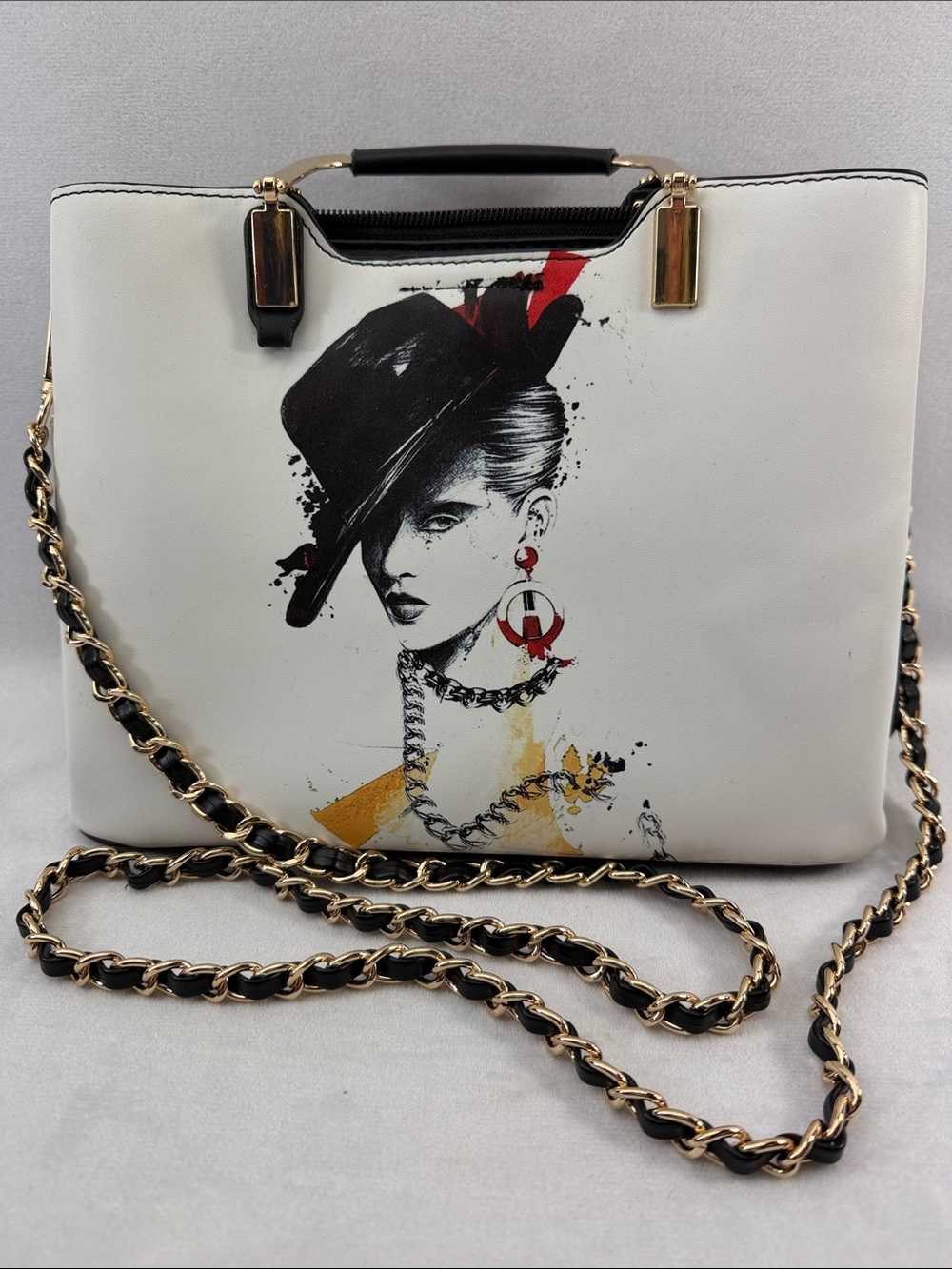 Nevenka Faux Leather Top Handle Portrait Print Gold Tone Hardware Crossbody Bag